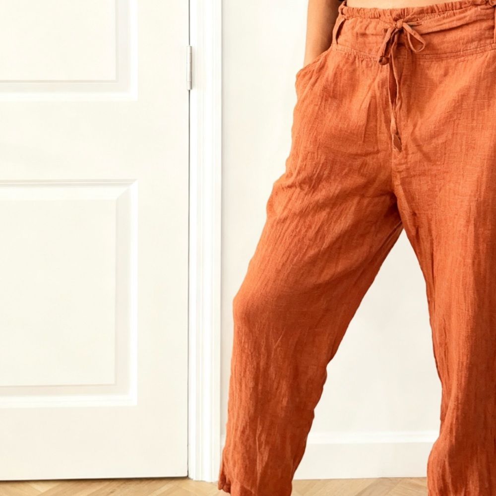 Women's Drawstring Linen Pants in Orange
